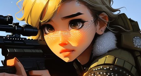 samdoesarts;  an image of a proned woman with short blonde hair, (prone stance:1.2), with military gear, cargo pants, sniper rifle, black warpaint (intricate), (detailed), digital art