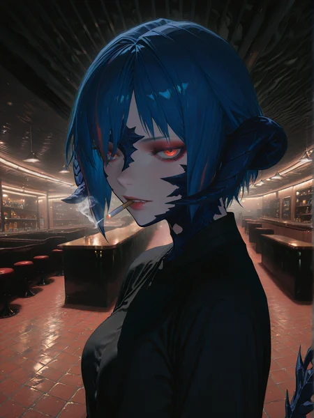 AU RA,<lora:éå¤ ç­å ill:0.6>,blue hair,short hair,red streaked hair,1girl,tail,smoke,cigarette,(close-up:0.6),front view,<lora:re4lity:0.7>,<lora:Sinozick_style:0.8>,re4lity_sync_illu,fisheye,foreshortening,scenery,photo background,makeup,bar,looking_at_viewer,facing_away,, masterpiece, best quality, amazing quality, very aesthetic, absurdres,  newest,  (volumetric lighting), To make the background more distinctive
