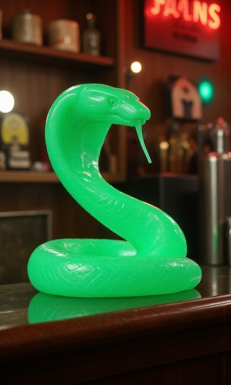 jade_snake, shebaaobao, neouv, cartoon snake made out of glowing illuminated iridescent jade ready to bite somebody on the counter of a pawn shop in New York City  <lora:jadesnakeflux-000001.safetensors:1.0> <lora:shebaobao_flux_snake_Cartoon_v2.safetensors:0.3> <lora:neouv_flux_03.safetensors:1.0>