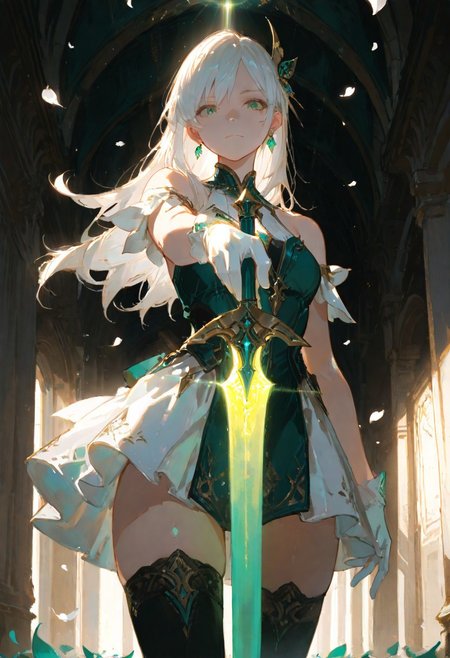 masterpiece, best quality, good quality, very awa, very aesthetic, absurdres, newest,
1girl, solo, long hair, green eyes, white hair, hair ornament, gloves, dress, closed mouth, jewelry, bare shoulders, earrings, white gloves, thighs, thigh highs, standing, Holding sword in one hand, glowing,
the tip of the sword is pointing to the ground,
falling petals, petals, giant sword, green sword, Sword of Justice, looking at viewer, cowboy shot, low view,Vanishing Point, Light beam background,
backlighting, (mzet:0.8),96yottea,