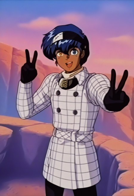masterpiece, best quality, 1boy, solo, standing, :d, v, looking at viewer,  <lora:FeOVA_GLoRA-illus_Fp:1> retro artstyle, <lora:ProtagonistMR-illu:1> dfProtag, blue hair, short hair, hair between eyes, black visor \(armor\), heterochromia, yellow eyes, blue eyes, dark-skinned male, plaid coat, collared coat, white turtleneck, long sleeves, double-breasted, black gloves, black leggings, cliff, cloud, sky