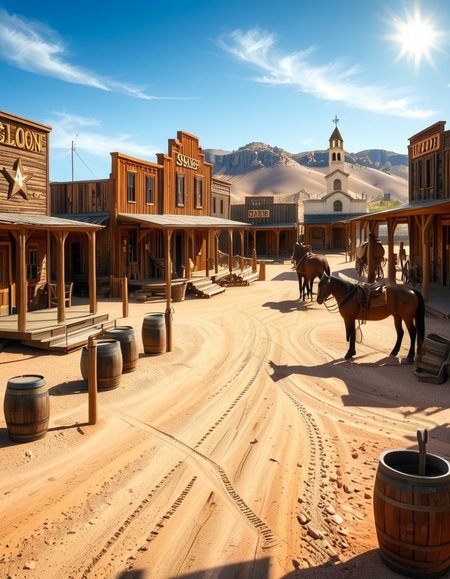 A classic Wild West town in the late 1800s, surrounded by arid desert and towering rock formations. The dusty main street is lined with wooden buildings, including a saloon with swinging doors, a sheriffâs office with a star emblem, a general store with a wooden sign, and a blacksmithâs shop with tools hanging outside. Old-fashioned wooden wagons are parked along the street, and a few horses are tied to hitching posts. The atmosphere is lively, with cowboys wearing wide-brimmed hats, boots, and leather dusters walking around, some talking near the saloon while others ride horses. The sky is bright blue with a few wispy clouds, and the sunlight casts long shadows on the ground. In the background, a water tower stands tall, and a windmill slowly turns in the breeze. The scene is full of rustic details, evoking the adventurous spirit of the American frontier.<lora:SDXLFaeTastic2400:0.4> <lora:extremely_detailed:0.4> extremely detailed, <lora:Western_v1ll4g3:1>,Western v1ll4g3, Masterpiece,best quality,hi res,8k,hi res,8k,award winning,(sharp focus, intricate, highly detailed),