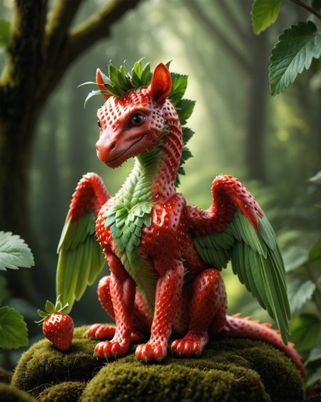1score_9, score_8_up, score_7_up, intricate details, rating_safe,
<lora:World Morph Strawberry:0.8>,
1boy(feral furry, pegasus, green wings, full body, slender, red skin, strawberry, MULTIPLE STRAWBERRIES SKIN, WORLD MORPH STRAWBERRY, looking at the viewer, solo, smiling), detailed background, depth of field, subsurface scattering, 
<lora:ral-chrosc-clr:0.3>, ral-chrosc-clr,
<lora:xl_more_art-full_v1:0.3>,
<lora:add-detail-xl:0.3>