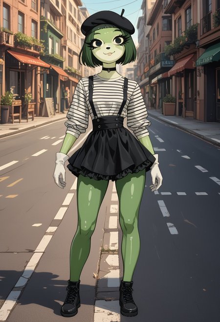 score_9,score_8_up,score_7_up,
outdoors,
full body, closed mouth smile,,long eyelashes,pose, tall, standing, 
<lora:Mashka_v01_PDXL:1>,Mashka,1girl,solo,furry female,green skin,yellow skin,two-tone skin,shiny skin,black eyes,long eyelashes,wearing french beret, black eyeliner,wide hips, black choker, mime artist outfit, black beret, black striped shirt, black tight leggings, black suspenders, frilled skirt, white gloves, slender, skinny, petite 1930's city background, mime poses, 
<lora:add-detail-xl:1>,