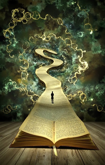 digitally created artwork that combines elements of surrealism and fantasy. The image features a long, winding, illuminated book that seems to be a pathway. The book, open to its pages, is positioned horizontally, with its spine facing the viewer. The pages are yellowish-brown, textured, and filled with dense text that appears to be written in an ancient language. The book's spine is adorned with gold, giving it a regal and mystical appearance. At the center of the book, a small, dark silhouette of a person stands, facing away from the viewer, adding a sense of mystery and exploration. The background is a swirling mix of dark greens and blues, with splashes of gold and other metallic hues, creating a dreamy, ethereal atmosphere. The floor beneath the book is a wooden surface, textured with aged, weathered wood, adding to the sense of antiquity. The overall composition suggests a journey through knowledge and exploration, with the book's pages serving as a winding path leading to an unknown destination. The image evokes a sense of wonder and curiosity, inviting the viewer to embark on an imaginative and intellectual adventure., <lora:aidmaImageUpraderv0.3:0.4>, aidmaimageupgrader, <lora:diffusion_pytorch_model:1>, <lora:aidmaMJ6.1_v0.5_3:0.7>, aidmaMJ6.1, ultra quality, ultra detailed, intricate details