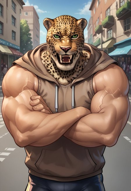 score_9, score_8_up, score_7_up, score_6_up, aoj_sr, 2d, source_cartoon, street, city, 
(1male,king_tekken,King from Tekken 8,jaguar mask,green eyes,fangs,teeth,big huge muscular male,no sleeves,bare arms,brown oversized hoodie,black tights,arms crossed),
front view,