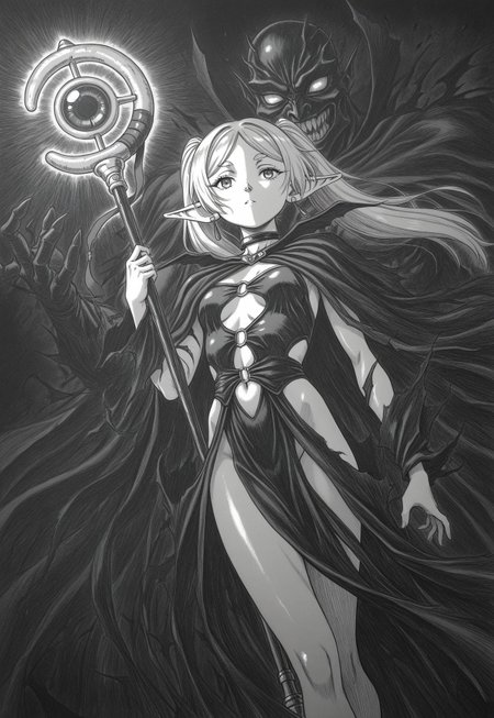 masterpiece, best quality, dark theme, 1girl,  1990s \(style\), 1994, traditional media, rough sketch, linear hatching, frieren, villain pose, revealing dress, magical staff, corrupted, kentaro_miura_style, from angle