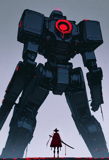 A giant mech from the game "Metal Gear Solid V" in the style of Yoji Shinkawa, concept art. The mecha is white and grey with black parts and red lights on its back. There are two tiny figures next to it. It has four legs and arms, with many large weapon containers attached at different positions on the body. A small figure stands in front of it wearing samurai . In the background, . 
, xxx667_illu, melanch0ly, <lora:illustriousXL_stabilizer_v1.23:0.3> <lora:NOOB_vp1_detailer_by_volnovik_v1:0.3> <lora:ponyv6_noobE11_2_adamW-000017:0.3> <lora:XXX667:0.7> <lora:MelancholyAnime:0.8>