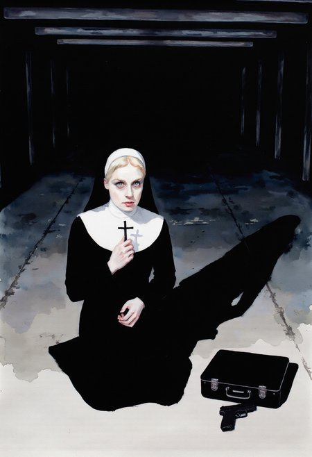 Watercolor painting of a, A blonde nun kneels on the concrete floor of a dimly lit parking garage, her habit trailing behind her. In her hands, she holds a small cross that she presses against her lips in prayer, though beside her lies a black briefcase, slightly open, revealing the grip of a compact pistol. Her head tilts as the sound of footsteps approaches, her pale blue eyes snapping open as she stands and turns toward the shadows.