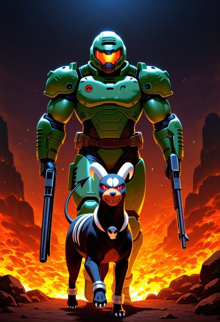zPDXLxxx ((score_9, score_8_up, score_7_up)), masterpiece, perfect anatomy, hell, background on fire, duo, 1boy, Doomguy, green armor, power armor, helmet, muscular, outdoors, holding Shotgun, walking towards viewer, red visor, glowing visor,
BREAK 
Pokemon, pokemon creature, pokemon (species), feral, houndoom walking with him, looking at viewer,