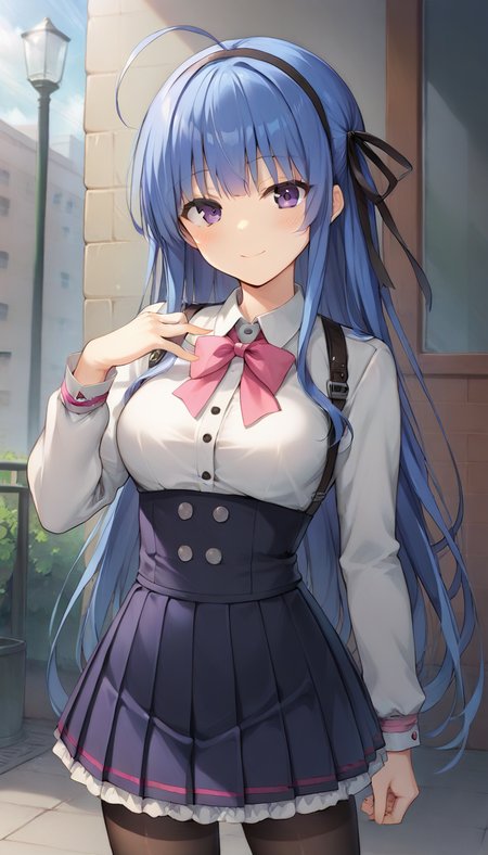 score_9,score_8_up,score_7_up,score_6_up BREAK official art,solo,outdoors,cowboy shot,looking at viewer,facing viewer,smile,blush,Karen Hikosaki,ahoge,very long hair,blue hair,hair ribbon,black ribbon,sidelocks,bangs,purple eyes,collared shirt,white shirt,pink bow,long sleeves,medium breasts,black skirt,pleated skirt,frilled skirt,black pantyhose,black footwear,cross-laced footwear,<lora:Karen Hikosaki(pa)-Pony:1.2>,