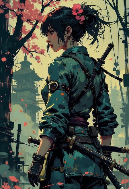 Mh1$AgThS2, intricate linework with expressive contrasts, soft lighting with dynamic highlights, A digital artwork in the style of cknc, image of a Japanese woman in ablue plated leather samurai armour, long hair, bangs, sakura flower in her hair, a katana in its scabbard at the waist, walking along a wooded trail, turning her head to look back at the viewer