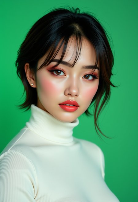 Headshots,masterpiece, a beautiful woman,Hyperrealistic, she is smiling, dynamic angles, multiple angles, photoshoot poses; A photo of Asian Girl 4, a woman with short hair, and brown eyes, she has massive breasts, a beautiful girl,she is wearing a white turtleneck sweater.she has massive breasts, she has piercing eyes. a dynamic pose and a sense of action. simple green background, and the lighting is soft, creating a dramatic effect, creating a focused and dynamic pose.; the scene is set in a beautiful well-lit environment, with a sense of action and adventure. Style: realistic hyper-detailed rendering, 32k UHD, expressive eyes, punk, graphic design, girl's face, pretty and cute, gleaming lips, telling a tale of adventure. Exuding confidence and serenity. The overall mood of the image is happy and relaxed, detailed skin texture,(blush:0.2),(goosebumps:0.3), subsurface scattering,with a playful and whimsical tone,aidmafluxpro1.1, perfection style,,retro50s_style,