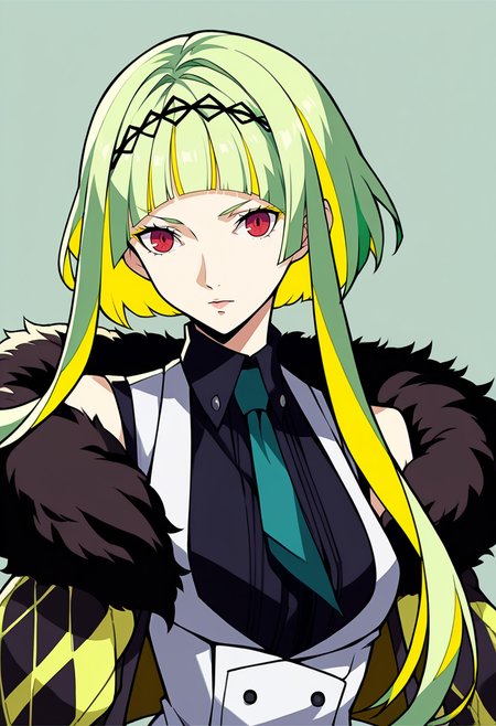 score_9, score_8_up, score_7_up, source_anime, BREAK, solo, 1girl, looking at viewer,  <lora:P5-Portraits-pdxl_Fp:1>, simple background, portrait, <lora:Ringo-pdxl_Fp:1>, ringosh2, short hair with long locks, green hair, multicolored hair, red eyes, hairband, white vest, necktie, shirt, sleeveless, collared shirt, jacket, cropped jacket, fur trim,
