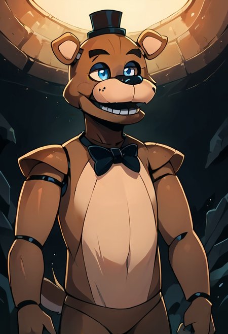 SCORE_9, SCORE_8_UP, SOURCE_FURRY, BREAK, SOLO, HOUNDSONA, BLIND EYES, FEMALE, FURRY, DECREPIT, HOBBLING, freddy, brown fur,  DARK CAVE, HIGH RESOLUTION, VIVID TEXTURES, DETAILED PUPILS