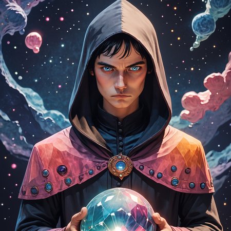 Score_9, score_8_up, score_7_up, score_6_up, BREAK  <lora:Pastel_ReveriePony:1> ArsMJStyle, Pastel Reverie, The image is a portrait of a young man wearing a black hooded cloak with a hood that covers his head. He is holding a crystal ball in his hands and appears to be in the process of casting it into the air. The man has long dark hair and is looking directly at the camera with a serious expression on his face. The background is dark and filled with stars and nebula giving the impression of a mystical and mystical atmosphere. The colors are vibrant and the overall mood of the image is intense and powerful., 1girl, solo, hood, blue eyes, black hair, looking at viewer, hood up, robe, upper body, realistic