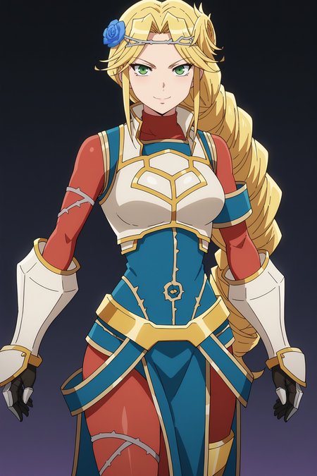 score_9, score_8_up, score_7_up, source anime, prefect lighting, very aesthetic, BREAK, anime screencap, anime coloring,
<lora:lakyus_overlord_v1-pdv6:0.9>, 1girl, lakyus alvein dale aindra, overlord \(maruyama\), blonde hair, green eyes,
lakyusout1, braid, hair flower, hair ornament, gloves, boots, armor, white footwear, gauntlets, blue flower, 
BREAK, smile, looking at viewer, cowboy shot, 
BREAK,