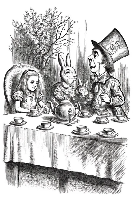joten1 illustration.
A young girl, Alice in Wonderland, A rabbit, a rat, and the Mad Hatter at a tea party. At the center of the image, a large table covered with a white tablecloth is set for tea. On the table, there are multiple cups, saucers, and a teapot, arranged neatly. <lora:joten1_cap_d6a3e12:1.0><lora:821768372338513349:0>