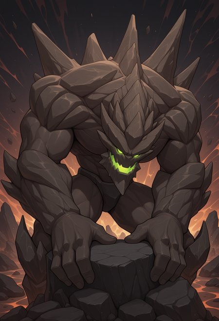 solo, 1boy, male focus, malphite, monster, green eyes, glowing eyes, rock, muscular, hunched over, abstract background, multicolored background, posing, 4 fingers,
perfect anatomy, masterpiece, perfect quality, best quality, detailed, newest, very aesthetic <lora:Malphite_LoL_V1_ILXL:0.8500000000000002>