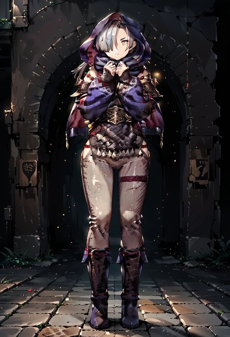 score_9, score_8_up, score_7_up,masterpiece,perfect face,high quality,highly detailed,high quality, source anime,high quality, source anime, 1girl, solo, hair over one eye, hood, backstreet, shadowlynx, pants, boots