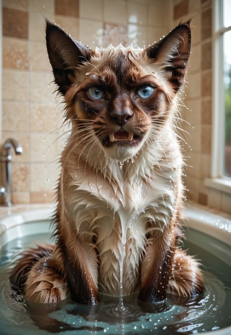 score_9, score_8_up, score_7_up, score_6_up, score_5_up, score_4_up,  source_furry, no humans, hud_si4mese_c4t, blue eyes, whiskers, tail, siamese cat, furry, (wet fur, wet, soaked, dripping wet:1.3), (angry, pouting:1.4), blurry background, looking at viewer, sitting, in bath tub, partially submerged, murderous stare, hissing, fangs, open mouth