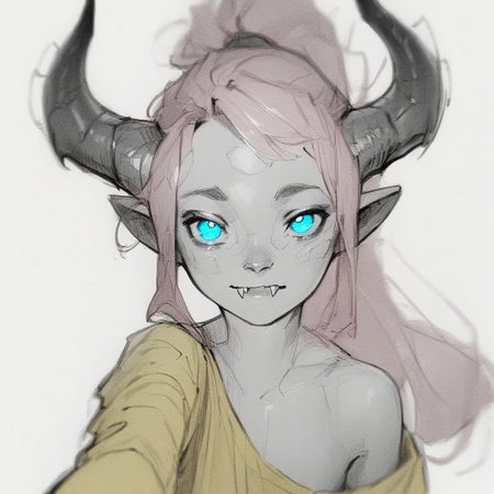 sketch, monochrome, greyscale, score_9, score_8_up, score_7_up, masterpiece, best quality, absurdres, vibrant, highly detailed, upper body, Lynn Pink, blue eyes, pink hair, ponytail, tail, horns, pointy ears, fangs, (((adult))), small breasts, simple yellow shirt, long sleeves, off shoulder, no bra, hungry face, reaching towards viewer, looking at viewer, white background, simple background