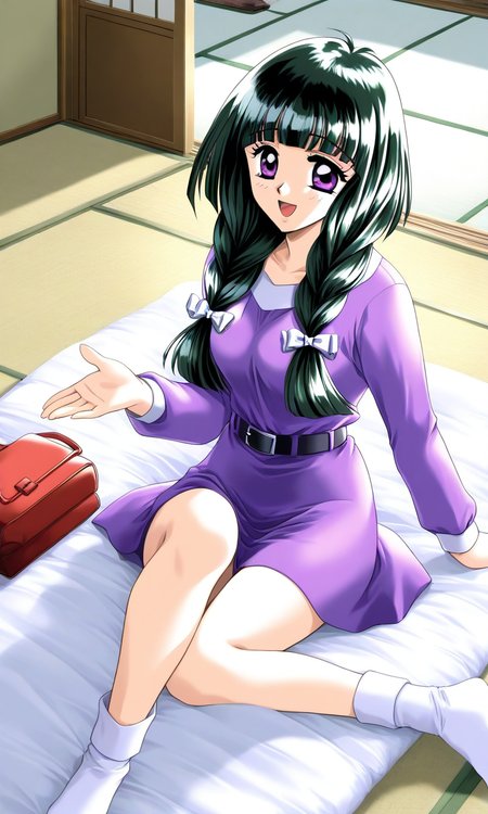 general,highres, ultra-detailed,very aesthetic,best quality ,best hands, BREAK  <lora:Kamiyama_Miko_kakyuusei_Ver2.0_IS:1>Kamiyama_Miko(kakyuusei), 1girl, solo, dark green hair,, long hair, purple eyes, twin braids, white bow, blunt bangs, hair bow, medium breasts, smile, open mouth,
smile, 
Japan room, tatami, futon, sitting, dutch angle, socks, smile, belt, day, purple dress, long hair, bag, long sleeves, knee highs,