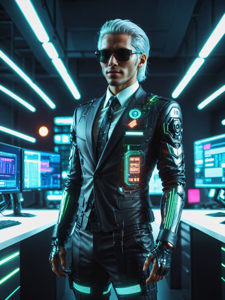 man wearing a suit and sunglasses, mad-neonbody, cyberpunk, futuristic office, neon light, white hair, light smile, dynamic pose <lora:Neon_Cyberpunk_Neon_Body_SDXL:0.8>, raw photo, film grain, (photorealistic, realistic:1.2), deep shadow,  8k, uhd, dslr, ultra high res
