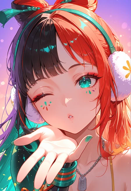 close up, 1girl,solo,looking at viewer,turquoise eyes,big hair,chestnut,Earmuffs,hand noogie ,Summer's Darling flower,half-up half-down hairstyle ,winking, happy, parted lips, blowing kiss,tassel,ribbon,lower body,colorful,bright background, multicolored hair,nail polish, fingernails,green nails, Bracers, Dog tag necklaces, evening gown,
<lora:cuso4XLNBVP1lokrV6311PZ:0.5>,
<lora:NOOB_vp1_detailer_by_volnovik_v1:0.5>,
<lora:TrendCraft_The_Peoples_Style_Detailer-v1.0A-3_13_2025-NoobVPRED:1>,