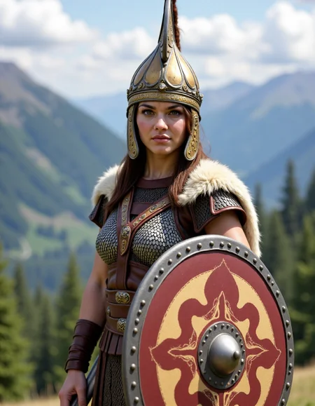 Dacian a woman with a falx an in a tarabostes costume  is standing in front of a mountain. Woman wear a helmet and hold a dacian decorated ovel shield. <lora:DaciiV6:1>