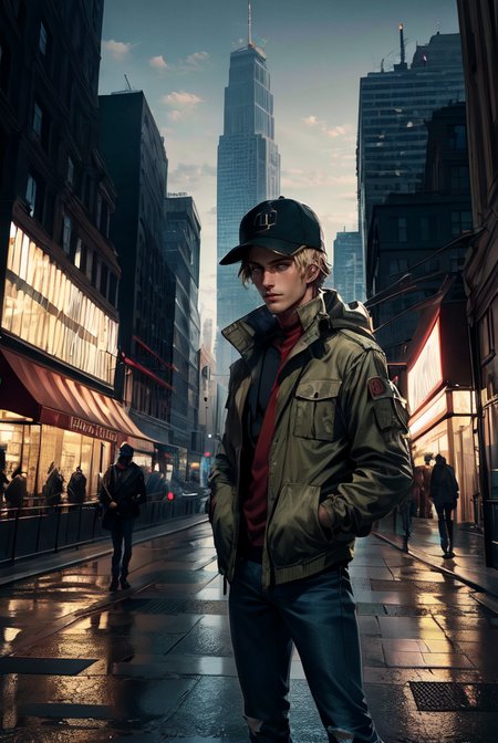 (masterpiece, best quality, high quality, highres, ultra-detailed), city, scenery, night, building, sign, cityscape, pantyhose, skyscraper, street lights, 
solo, 1boy, gray eyes, short Crew Cut, sand blonde hair, triangular face, looking at viewer, outdoors, hands in pockets, khaki jacket, black  loose jeans, black baseball cap, 
AS-Adult, Asian-Less, OverallDetail,