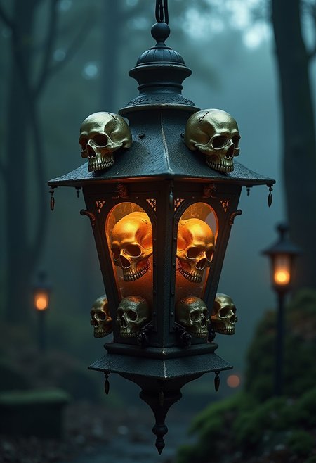 Gothicpunk  gothic lantern made of with prominent golden skulls, dark with an eerie ambiance.graveyard, ultra HD, magical realism, ultra fine details, cinematic, fantasycore, volumetric lighting, epic composition, grimdark, ,breathtaking borderland fantasycore artwork by Android Jones, Jean Baptiste monge, Alberto Seveso, James Jean, Jeremy Mann, maximalist highly detailed and intricate professional photography, a masterpiece, 8k resolution concept art