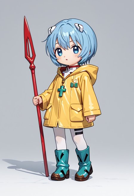 score_9, score_8_up, score_7_up, 
highres, highly detailed, high resolution, high quality, 
source_anime, anime screencap, saturation, vivid colors, 
1girl, solo, luce, full body, standing,
light blue hair, big dark blue eyes, short hair, cute,
(long yellow raincoat:1.1), dirty green rubber boots, 
cross on the neck,
reiayanamicosplay, ayanami rei \(cosplay\), bodysuit, headgear, plugsuit, white bodysuit,
holding red spear, evangelion spear, Spear of Longinus,
epic Sci-fi background,