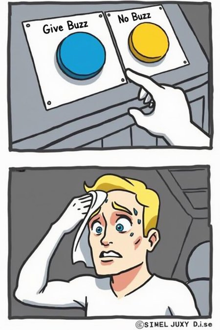 In twobuttonsmeme style. two buttons, ("Give Buzz":1.2) label above the blue button, ("No Buzz":1.2) label above the yellow button. The Towel Guy wiping sweat <lora:fluxgym-style-twobuttonsmeme-lora01-res:1.0><lora:783950025656082907:0>