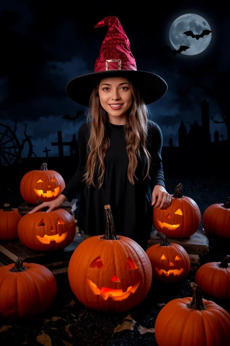 (Halloween pumpkins, jack-o-lantern), halloween night, horror, (bats), moon in the sky, portrait, (standing:1.2),  happy smiling, red eyes,(very detailed), best quality,  sharp focus, old magic books,  Neon Red witch's hat, halloween_atmosphere, halloween_backgrounds, halloween_creatures, halloween_props_decorations, halloween_styles, halloween_weather, halloween_lighting, ethereal lights, backlight, shadows, high contrast, hdr, <lora:Anti-Blur:0.8> <lora:Hand v2:0.8> Detailed hand, Hand, Perfect hand <lora:aidmaImageUpgrader:0.8> aidmaimageupgrader