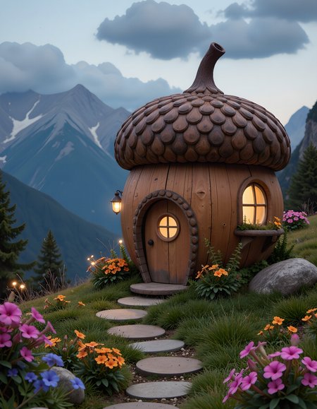 fairytale house made out of a huge acorn, magical, whimsical, fireflies, evening, partially starry sky, flowers, nature, mountains