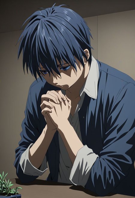 Anime Style, easynegative, detailed_eye_model, Highres, Masterpiece, High Quality, 4K, 8K, solo, 1boy, Tomoya Okazaki, Deep Blue Eyes, Grey Blue Hair, hotel room, dim light, isolation, weak, depressed, tired eyes, facing down, clasped hands, sad, hopeless, confused, messy things, withered small plants