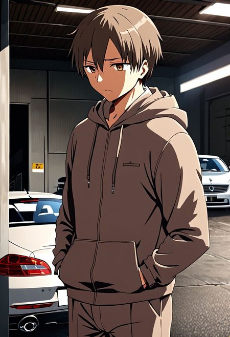 high resolution, solo, best quality, 1Boy, Takaki Toono, Brownish Hair, Brown Eyes, lounge suit, hoodie, car garage, OverallDetail