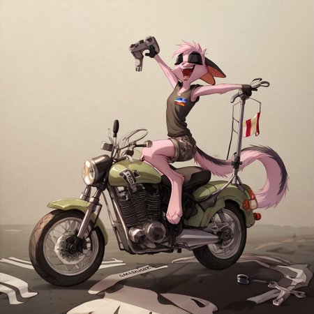 score_9, score_8_up, score_7_up, score_6_up, score_5_up, score_4_up, source_anime, BREAK 
 <lora:ViriathusPony:0.8>,viriathusvayu, solo,  furry, tail, pink hair, animal ears,one leg is  dark fur color, realistic illustration, repair service, wrench in hand, repairing, motorbike, repairing motorbike, mechanic clothes, covered in machine oil, laughing, drunk, fixing motorbike, ukrainian flag
