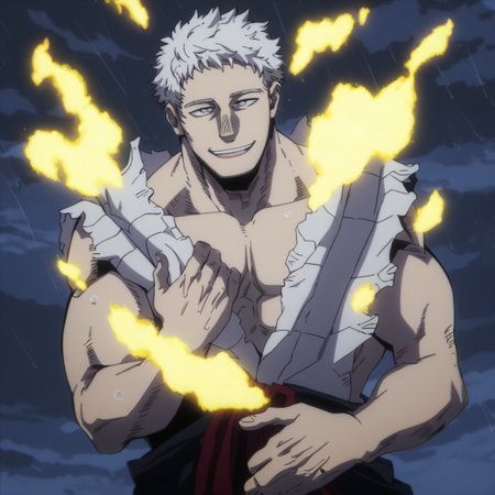 solo, torn clothes, anime, male, short white hair, floating, raining, dark clouds, wet, barefoot, pectorals, grey eyes, yellow glow, yellow aura, yellow fire on body, smile, smoothanime, easynegative, ng_deepnegative_v1_75t, score_9, score_8_up, score_7_up, score_6_up, score_5_up, score_4_up, source_anime, old man, older male, old, older,