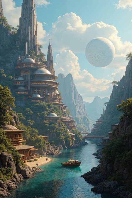 This is a highly detailed CGI illustration depicting a futuristic, sprawling cityscape set in a lush, verdant valley. The city is built into the side of a rocky cliff, with numerous interconnected structures made of sleek, metallic materials, including shiny, reflective surfaces and sharp, angular lines. The buildings are densely packed, with a mix of cylindrical, spherical, and rectangular shapes, all bathed in a warm, orange glow from internal lighting. 
In the foreground, a serene river flows through the valley, with a small boat navigating its calm waters. The riverbank is lined with wooden structures, some of which appear to be shops or market stalls, with a few people milling about. To the left, a tall, spire-like tower rises into the sky, topped with a glowing orb.
The background reveals a vast, blue sky dotted with fluffy white clouds. In the distance, a large, white planetoid floats, adding to the otherworldly feel of the scene. The cityscape is bathed in a golden hour light, casting long shadows and highlighting the intricate details of the architecture. The overall ambiance is a blend of futuristic technology and natural beauty, creating a harmonious, almost utopian setting
