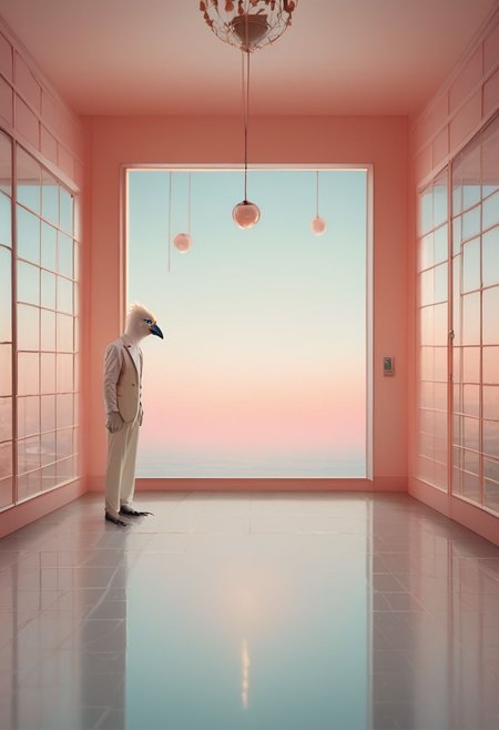 score_9,score_8_up,score_7_up, SurrealWorld, surreal, Wes Anderson style, anthropomorphic pigeon wearing a white suit in a pink room, bird cages in the room hanging from the roof, a large window