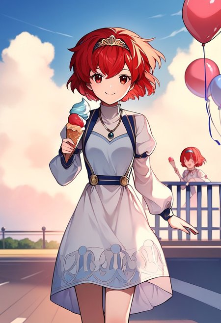 score_9, score_8_up, score_7_up, highres, (best quality:1.1), masterpiece, absurdes, multiple girls, utdoors, sky, solo focus, day, cloud, 1girl,  blue sky,balloon, roller coaster, <lora:Maria_FE_XL:1> Maria_FE, red hair, red eyes, short hair, 1girl, solo, smile, white dress, jewelry, looking at viewer, necklace, hairband, skirt hold, long sleeves, closed mouth, tiara, holding ice cream, walking and eating, smile