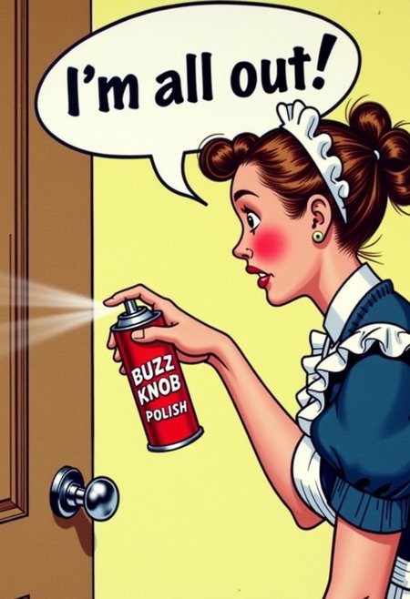 [ commercial photograph] (( an embarrassed/ guilty looking, blushing maid pointing a spraycan of "Buzz Knob Polish" towards a shiny door knob; the maid is bent towards the door knob too)),
((seen above the maid is a speechbubble, easily seen in the speechbubble the text "I'm all out!" is printed in legible font))