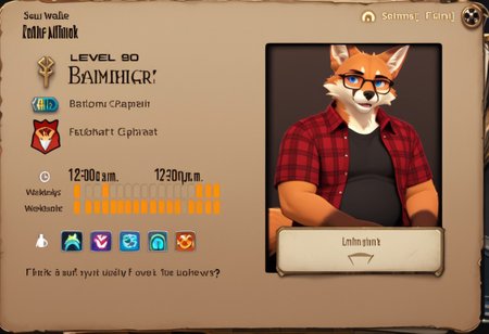 score_9, score_8_up, score_7_up, source_furry, furry, anthro, male, fox, chubby, red plaid shirt, black-rimmed glasses, blue eyes, XIVaPlate, english text, player_name:"Diamon" job:"Fox"