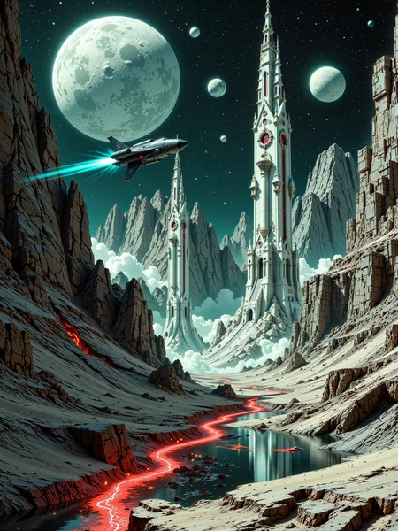 ultra-high-resolution cinematic film still, highest aesthetic quality, ultra-detailed, hyper-realistic, uhd, 8k, 4k, science fiction, science fiction alien architecture cosmic surrealism digital painting, an immense valley in an ashen white desert, with a glowing red vein of molten lava winding through, a row of three identical towers of monumental scale stand in line in perfect alignment, each meticulously constructed of pristine white stone decorated with baroque ornaments, sheer cliffs border the scene on either side, eroded into vertical striations, reinforcing the sense of symmetry and alien precision, a vast alien moon dominates the sky beyond the alien structures, its pale surface textured with deep craters and harsh shadows, accompanied by smaller moons and celestial bodies that float silently in the black void, creating a sense of planetary remoteness and interstellar isolation, a sleek chrome spacecraft of alien design with bright cyan engine trails flies over the valley, hinting at exploration or surveillance, the lighting is stark and high-contrast, casting deep shadows across the valley floor and emphasizing the design of the alien architecture and pure terrain, with the glowing red lava rift providing a striking chromatic counterpoint to the otherwise muted palette, shot from a low, central angle with deep perspective, guiding the eye through the central rift toward the towering monuments and cosmic backdrop, rendered in ultra-high-resolution digital matte painting style with a focus on architectural clarity, atmospheric depth, invoking themes of cosmic horror and forgotten civilizations, the color palette is dominated by white and black and red with teal and cyan accents, ovg, artilands02, <lora:style-fantastic_landscapes-v2-flux-by_artifyai:0.8> <lora:style-legacy_of_the_forerunners-v3-flux-by_bra2ha:0.68>