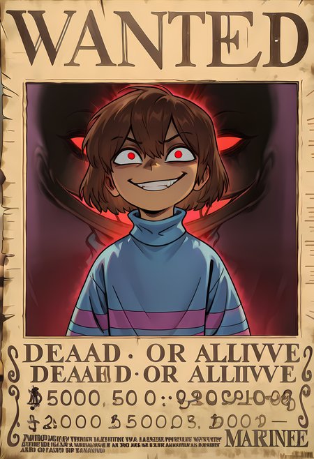 , <lora:L0LSPL4SH_IllustriousXLv01:0.6> best quality, masterpiece \(quality\), L0LSPL4SH, year2024, year2023, West Studio, sixmorevodka,1 girl,,short hair, purple outfit,  frisk , brown hair, red glowing eyes,,, sweater, evil smile,, solo, striped sweater, , striped, ,  shorts,blue shirt,purple striped shirts, <lora:Frisk_new_ill:1>,turtleneck,frisk,pantyhoes<lora:add-detail-xl:1>,masterpiece,best quality,amazing quality,very aesthetic,absurdres,newest,huge filesize,<lora:spo_sdxl_10ep_4k-data_lora_webui:0.5>,detailed background,upper body,, <lora:Wanted_Poster:1> wanted poster,English text,DEAD OR ALIVE,no background,