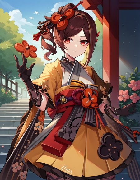 score_9, score_8_up, score_7_up, source_anime, 
genshinchiori, <lora:genshin-chiori-ponyxl-lora-nochekaiser:1>, 
chiori, brown hair, hair ornament, red eyes, flower, hair flower,
gloves, japanese clothes, sash, obi,
outdoors,
looking at viewer, cowboy shot, dutch angle, dynamic pose,