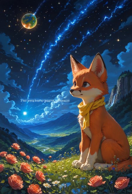 detailed background,Cinematic Lighting,film grain,score_9,score_8_up,score_7_up,zPDXL2,masterpiece,best quality,highly detailed,glowing,hand person,Expressiveh, <lora:(增强)sdxl_lightning_8step_lora:1>,<lora:glowneon_xl_v1:1>, <lora:(增强)Hands XL 4:1>,<lora:(增强)Expressive_H-000001:0.8>, <lora:Vixon\Vixon's Pony Styles Astro:0.8> , little prince, a rose, a fox, little planet, night sky, universe, yellow scarf, yellow hair, 4str0,star \(sky\), earth \(planet\), planet,Le Petit Prince,1child