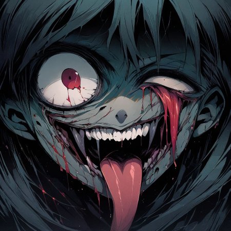 1man, 40 years old, eye wide open, one-eyed, ((missing eye)), bleeding from eye orbit, holes in skin, blood, wide open mouth, blood on mouth, broken teeth, tongue out, very long tongue, bleeding tongue, another face from tongue, looking at viewer, from in front, night, Junji_Ito_Maniac, creepy, horror, (absurd detail), (high quality), (4k), solo, (masterpiece), (absurdres), (best quality), (ultra-detailed), very aesthetic, illustration, perfect composition, intricate details